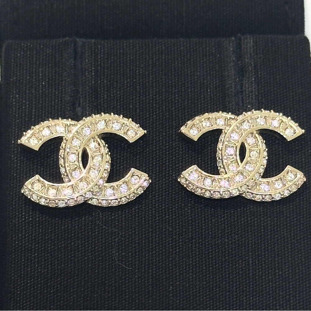Chanel CC Gold Crystal Stud Earrings